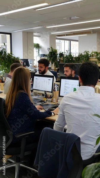 Obraz A team of marketers working on a digital marketing strategy in a collaborative, open-plan office environment
