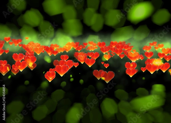 Fototapeta Red gem hearts isolated on dark and brigh bokeh background. Geometric rumpled triangular low poly style graphic 3d render illustration. Raster polygonal design for your business