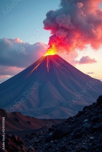 Fototapeta Volcanic cone of Etna with ash clouds in the background, volcano, etna