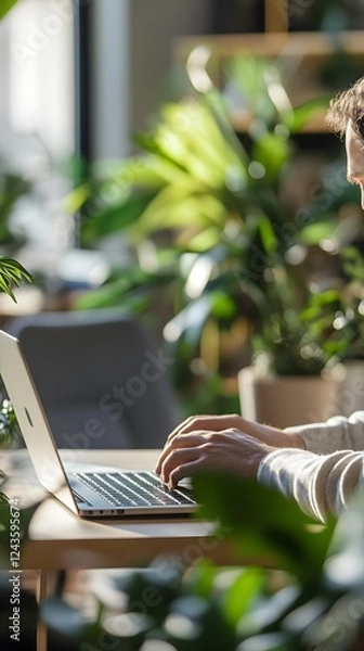 Obraz A close-up of a marketing strategist creating ad copy on a laptop in a modern office with plants and sleek furniture