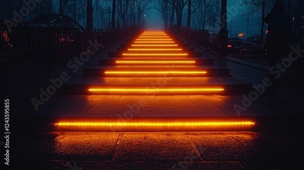 Fototapeta A staircase with the next step illuminated, embodying the concept of success, the pursuit of goals, and taking one step at a time toward achieving greater accomplishments.