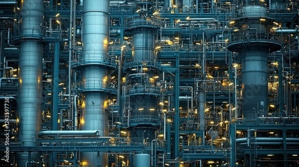 Fototapeta Top-down view of an oil refinery facility showcasing its intricate network of pipelines, distillation units, and storage tanks. Highlighting the industrial infrastructure.
