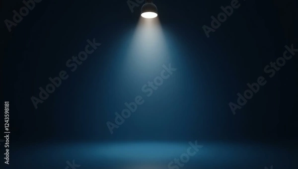 Fototapeta Color navy blue backdrop with an aesthetically positioned spotlight lamp at the top, casting soft, evenly distributed light across the scene