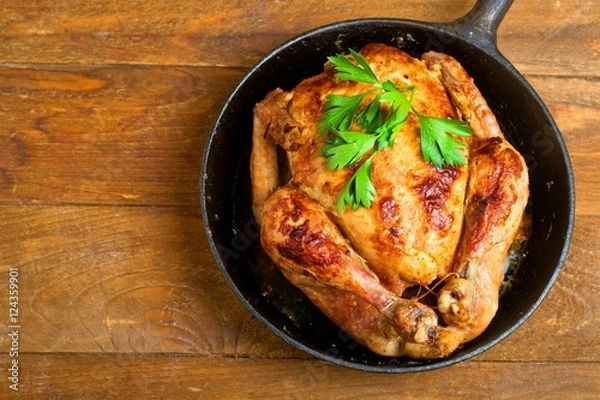 Obraz baked chicken,Style rustic.Selective focus.Top view, space for text.
