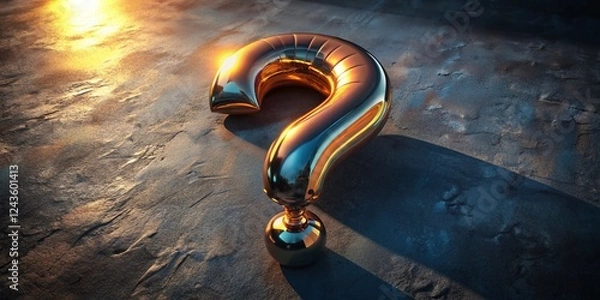 Fototapeta Reflective Metal Balloon Question Mark, Dark Background, Aerial Photography, Shadow Play