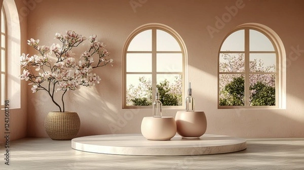Fototapeta Natural glass bottle with pipette and magnolia flowers elegantly displayed on a circular podium, ideal for presenting eco-friendly or luxury skincare and beauty products in a delicate setting.