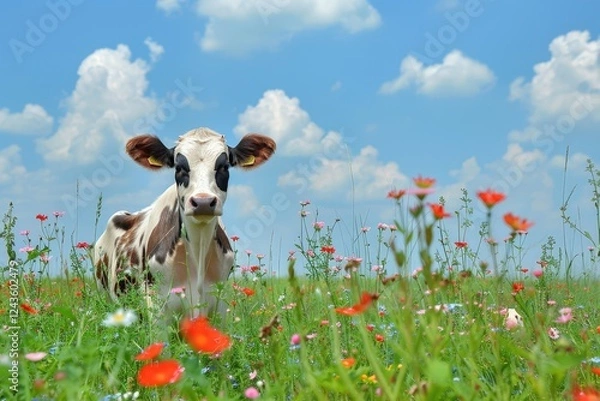 Fototapeta A curious cow stands in a vibrant field of wildflowers under a bright blue sky with fluffy clouds.