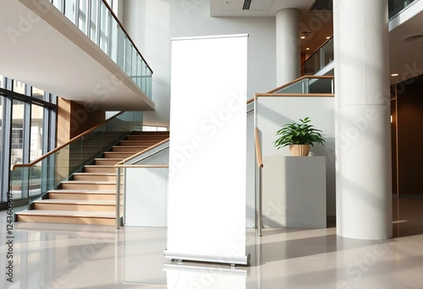 Fototapeta White Blank roll-up banner template standing in lobby side stairs. Blank advertisement mockup in business space, Commercial pull-up display, for add cover