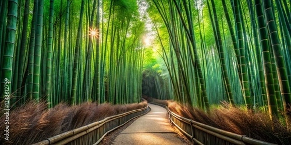Fototapeta Serene Bamboo Forest Path: Aerial View of Sunlight Dappled Green Bamboo Canopy