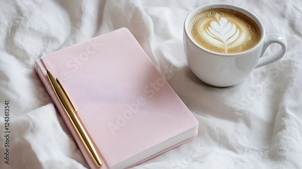 Fototapeta A pink notebook with a gold pen rests beside a cup of latte art coffee on a white bedsheet.  Perfect morning scene!