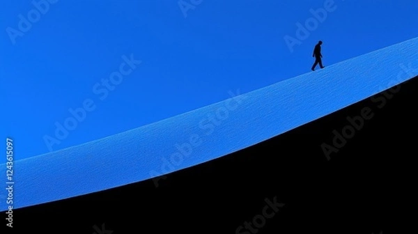 Fototapeta A silhouette of a person walking up a steep incline, representing the determination to go up toward success, overcoming challenges, and striving for greatness in life.