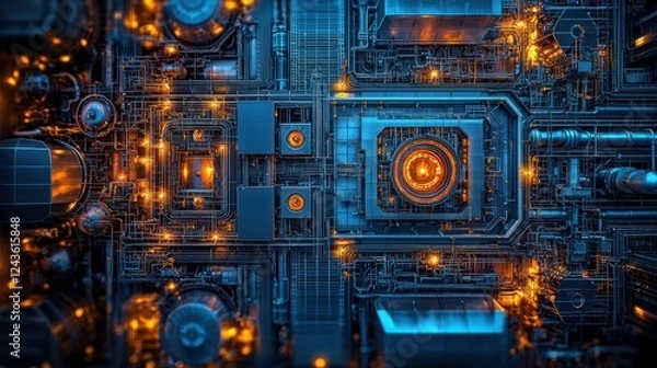 Fototapeta Wide-angle aerial shot of an oil refinery plant showcasing the distillation units, storage tanks, and extensive piping systems. Reflecting the scale of the refining process.