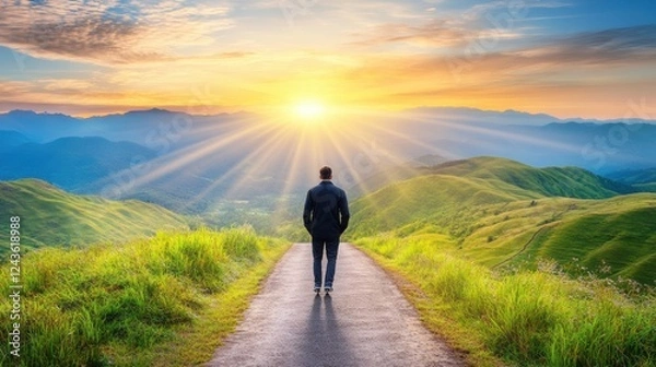 Fototapeta Embracing new beginnings a man walking towards sunrise in serene nature landscape