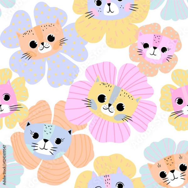 Fototapeta Seamless pattern with abstract flowers and cats faces, print on white background. Creative texture for fabric, wrapping, textile, wallpaper, apparel. KIds pastel Vector illustration