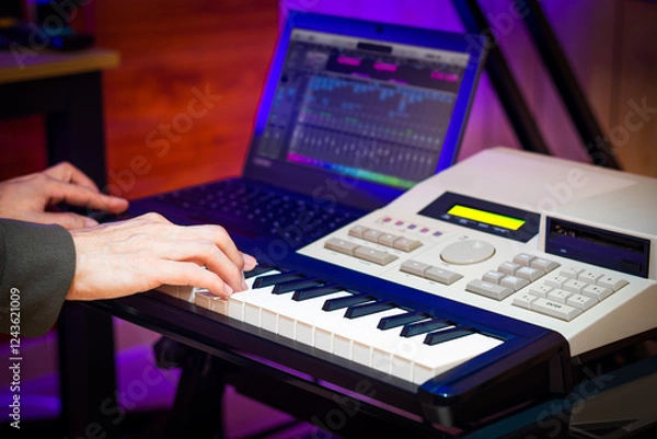 Obraz male professional music producer, composer, arranger hands playing on midi keyboard keys with music sequencer in home studio. music production