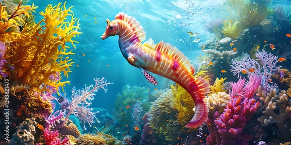 Fototapeta A colorful seahorse swims among vibrant coral reefs and schools of fish in a shimmering underwater scene.

