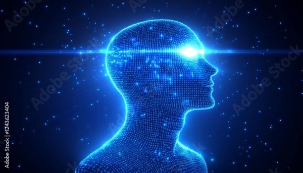 Obraz Digital Human Head Profile With Circuit Board, Binary Code, and Glowing Eyes on Blue Background