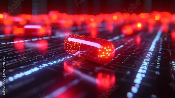 Fototapeta pill in the digital environment, concept of addiction to social networks and online entertainment, placebo effect