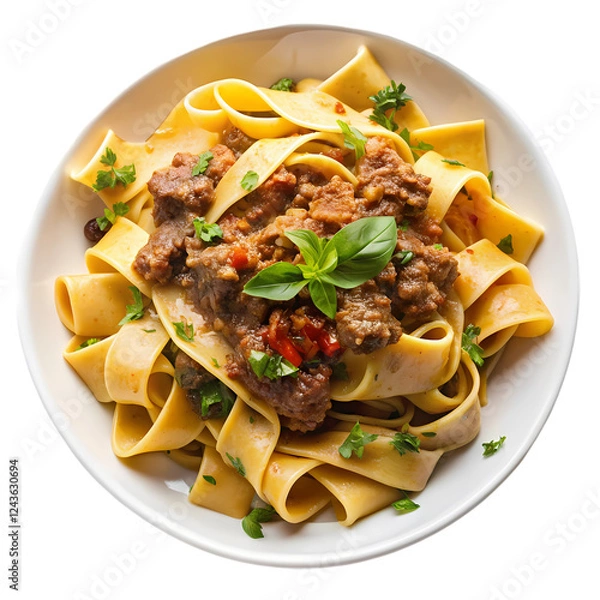 Fototapeta Delicious beef ragu pasta with wide noodles and basil garnish top red food on transparent background