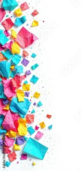 Fototapeta vibrant colored paper pieces scattered on a white background with glitter, glittery arrangements, decorative accents , colored paper confetti