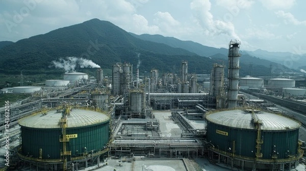 Fototapeta Aerial image of a chemical plant with large storage tanks, extensive pipes, and production facilities. The shot emphasizes the vast scale of the industrial site.