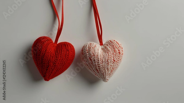 Fototapeta Two Red Knitted Hearts on White Background,Valentine’s Day Theme with Ample Copy Space for Text
