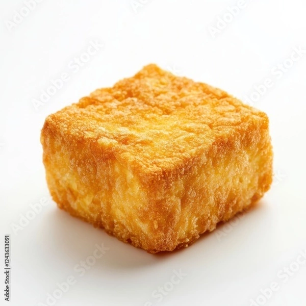 Fototapeta Golden fried tofu piece presented on a clean white backdrop for culinary exploration