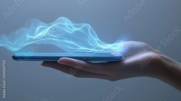 Fototapeta Close-Up of a Hand Holding a Smartphone with Blue Light Waves Emitting from the Device