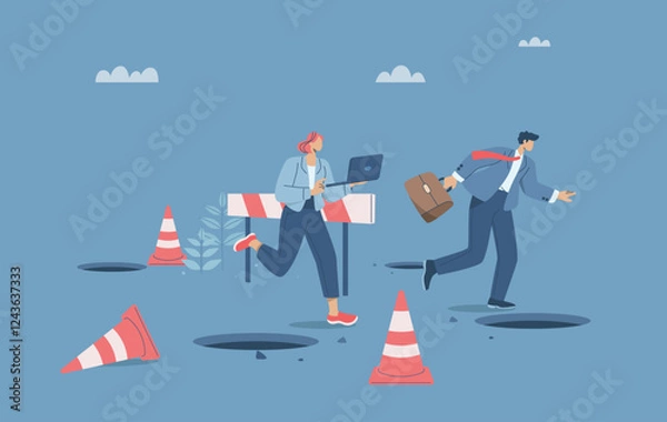 Fototapeta The traps business of organization or company, Avoiding obstacles, Business team running through pits and barriers to business success, Organization skills and capabilities to achieve victory.