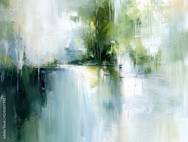 Fototapeta Impressionist painting of trees reflecting on calm water.