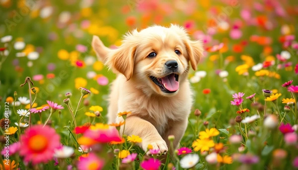 Fototapeta Golden Retriever Puppy Playing in a Flower Field