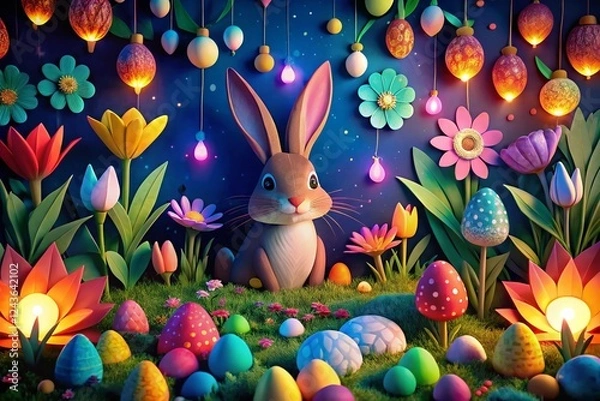 Fototapeta Cheerful Easter Rabbit Paper Art Night Photography with Colorful Eggs and Flowers