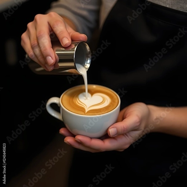 Obraz Barista Creating Perfect Latte Art, Professional Coffee Photography, Barista Pouring a Heart into Cappuccino, Close-Up of a Heart-Shaped Latte Art.