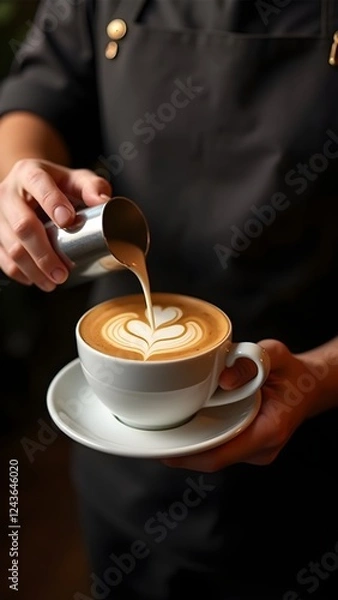 Obraz Barista Creating Perfect Latte Art, Professional Coffee Photography, Barista Pouring a Heart into Cappuccino, Close-Up of a Heart-Shaped Latte Art.