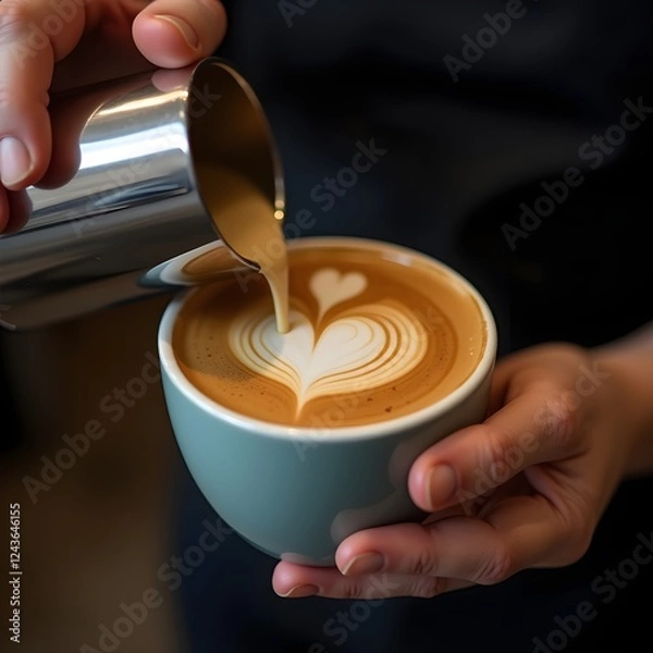 Obraz Barista Creating Perfect Latte Art, Professional Coffee Photography, Barista Pouring a Heart into Cappuccino, Close-Up of a Heart-Shaped Latte Art.