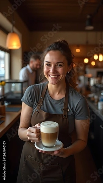 Obraz Smiling Barista Serving a Fresh Cup of Coffee in a Cozy Café,  Warm Café Atmosphere.