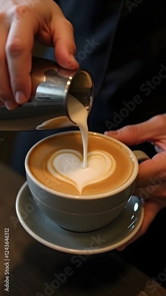 Obraz Barista Creating Perfect Latte Art, Professional Coffee Photography, Barista Pouring a Heart into Cappuccino, Close-Up of a Heart-Shaped Latte Art.