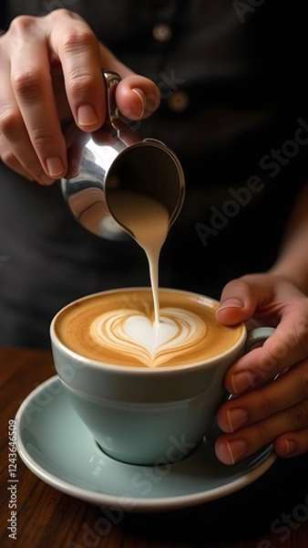 Obraz Barista Creating Perfect Latte Art, Professional Coffee Photography, Barista Pouring a Heart into Cappuccino, Close-Up of a Heart-Shaped Latte Art.