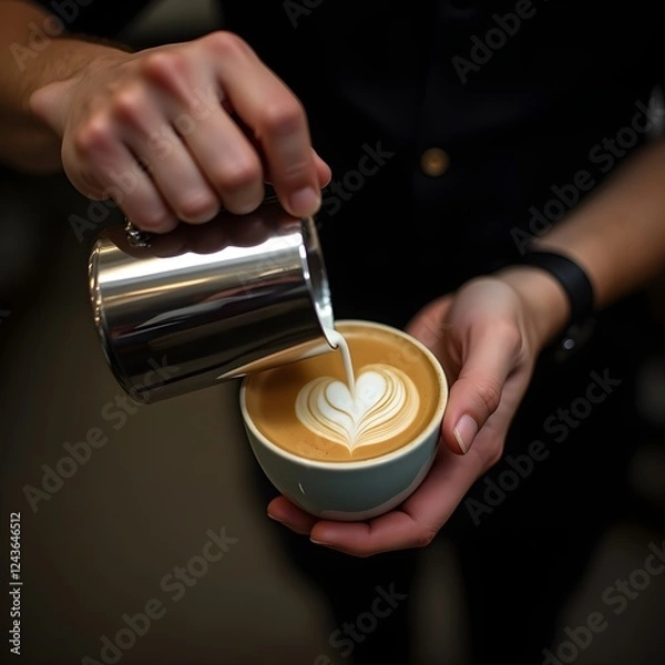 Obraz Barista Creating Perfect Latte Art, Professional Coffee Photography, Barista Pouring a Heart into Cappuccino, Close-Up of a Heart-Shaped Latte Art.