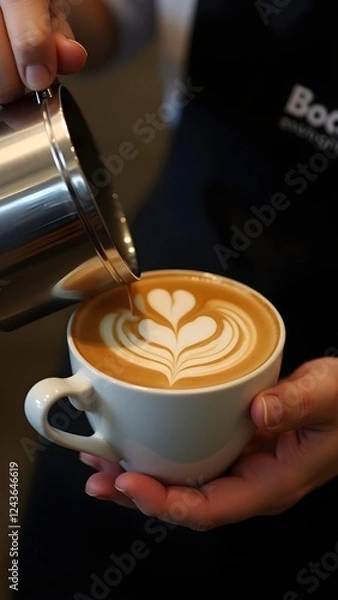 Obraz Barista Creating Perfect Latte Art, Professional Coffee Photography, Barista Pouring a Heart into Cappuccino, Close-Up of a Heart-Shaped Latte Art.