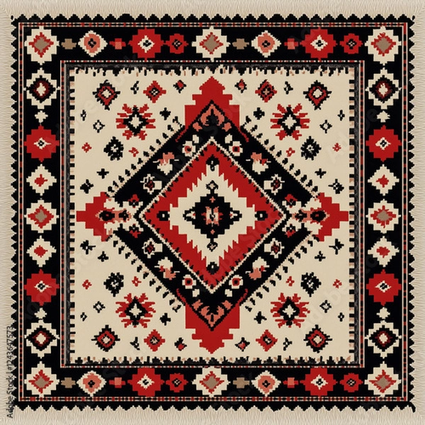 Obraz Ethnic Rug Pattern in Red and Black with Geometric Ornaments
