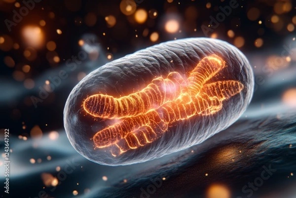 Fototapeta A ultra-detailed microscopic view of a living cell with visible mitochondria, nucleus, and other organelles
