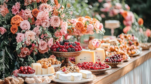 Fototapeta Luxurious Grazing Table Display with Roses Berries Cheese and Nuts Elegant Party Celebration Arrangement