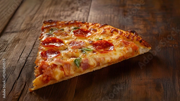 Fototapeta A slice of freshly baked pizza with gooey cheese, pepperoni, and a crispy crust, placed on a rustic wooden table.