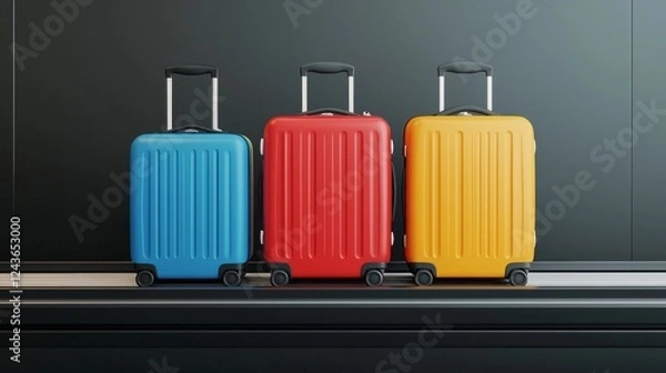 Fototapeta Symbolize conveyer airport and baggage. Three colorful suitcases on a sleek surface.