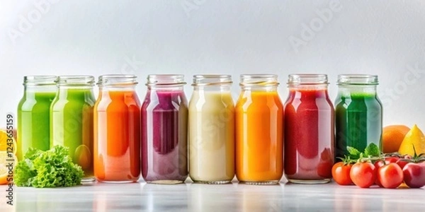 Fototapeta A Vibrant Row of Colorful Fruit and Vegetable Smoothies in Glass Bottles