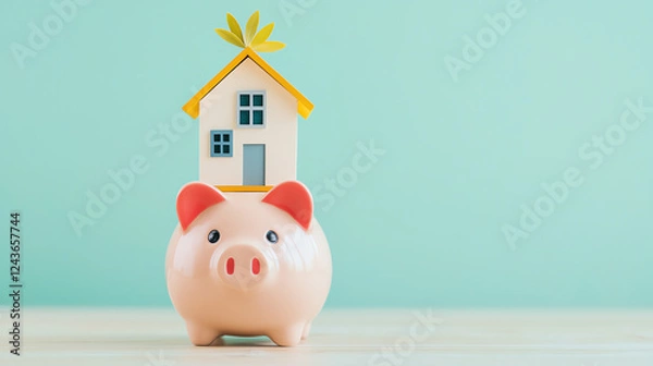 Fototapeta piggy bank with house on top symbolizes saving for home