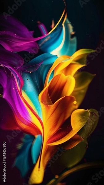 Fototapeta Bright neon abstract background of multi-colored colors on a black background. Vertical
