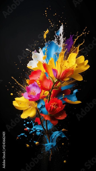 Fototapeta Abstract vertical background of bright spring flowers made of paint splashes