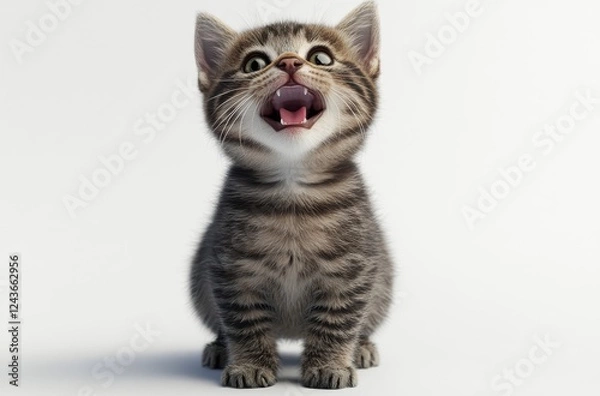 Fototapeta Playful cute kitten with striped fur and bright eyes, looking up and meowing joyfully against a simple background for a heartwarming pet photography concept